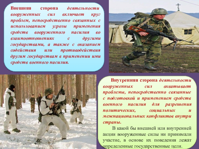 Деятельность вооруженных сил. «Внешнюю» сторону деятельности. Средства вооруженного насилия. Вооруженные силы какой страны их применили первыми. Для чего могут применяться вооруженные силы страны.