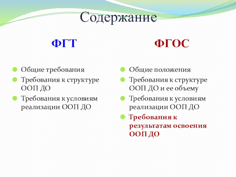 Содержание фгос. ФГТ И ФГОС сравнительный анализ. Основные положения ФГТ ОО. ФГТ ООП до. ФГТ требования к структуре.