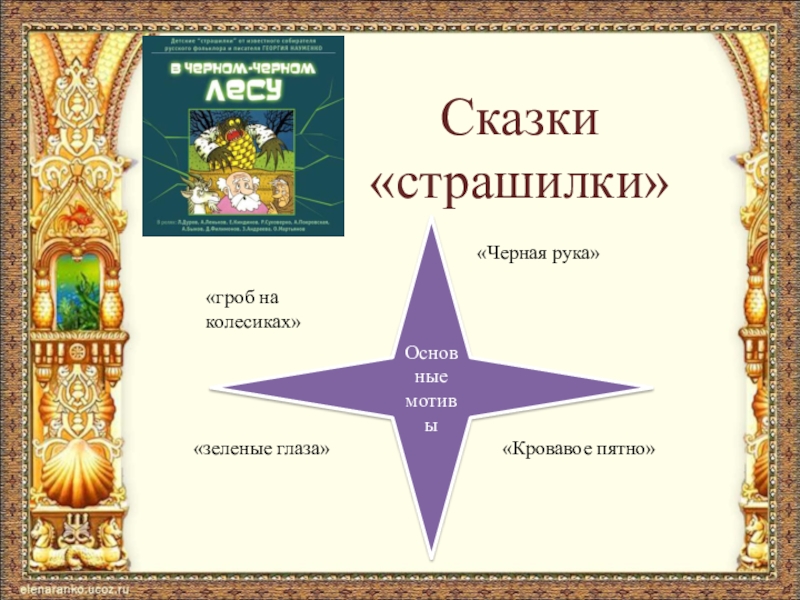 Сказки «страшилки»Основные мотивы«Черная рука»«Кровавое пятно»«зеленые глаза»«гроб на колесиках»