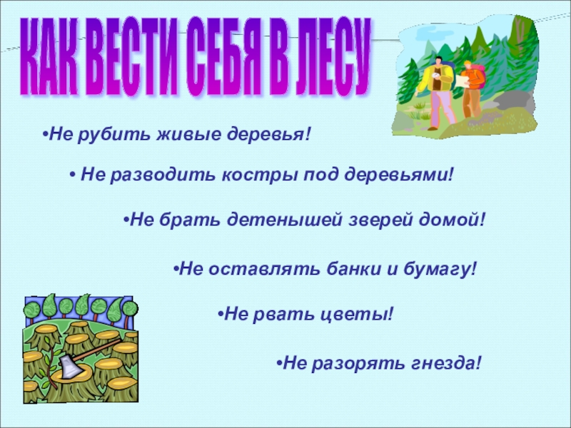 КАК ВЕСТИ СЕБЯ В ЛЕСУНе рубить живые деревья! Не разводить костры под деревьями!Не оставлять банки и бумагу!Не рвать