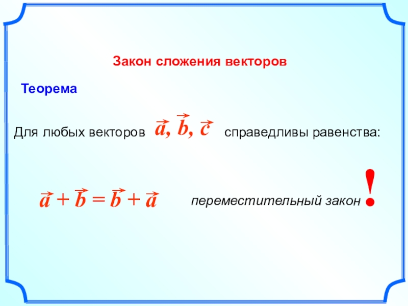 Законы сложения. Законы сложения векторов. Теорема о сложении векторов. Теорема о законах сложения векторов. Теорема о равенстве векторов.