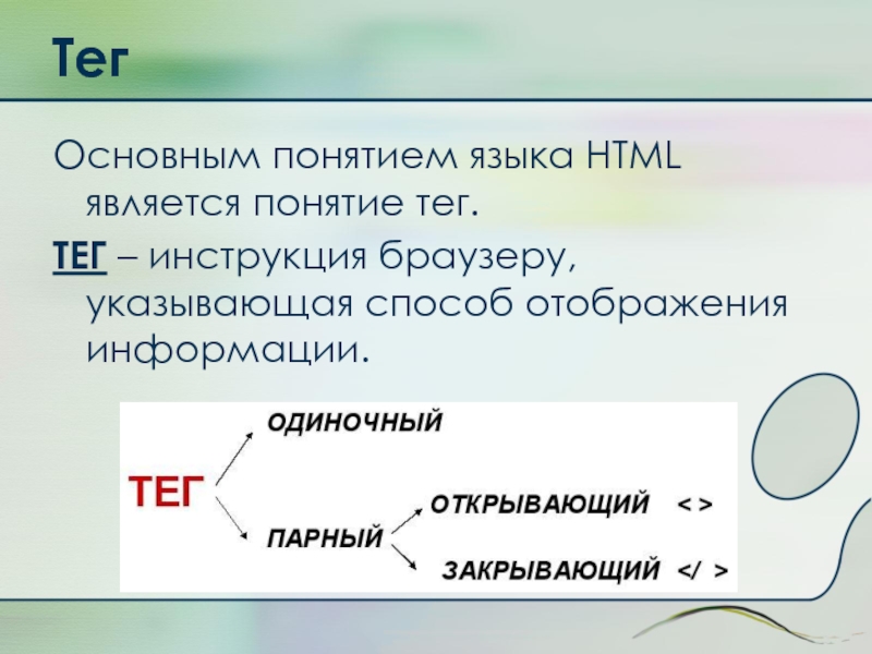 Тег Основным понятием языка HTML является понятие тег. ТЕГ – инструкция браузеру, указывающая способ отображения информации.