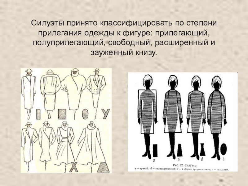 Силуэты принято классифицировать по степени прилегания одежды к фигуре: прилегающий, полуприлегающий, свободный, расширенный и зауженный книзу.