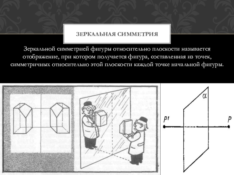 Точка симметричная точке относительно плоскости. Зеркально симметричные фигуры. Фигуры симметричные относительно плоскости. Зеркальная симметрия фигуры. Зеркальная плоскость симметрии.