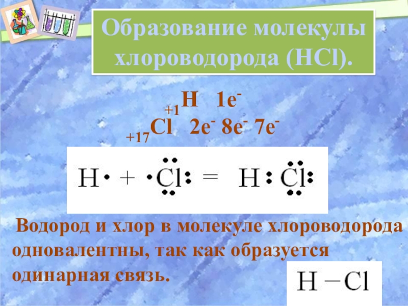 Образование молекул. Схема образования молекулы хлороводорода. Реакция соединения водорода и хлора. Связь между водородом и хлором. Соединение водорода с хлором.