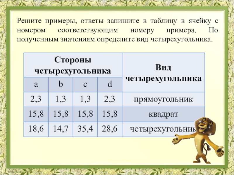 Запишите в таблицу