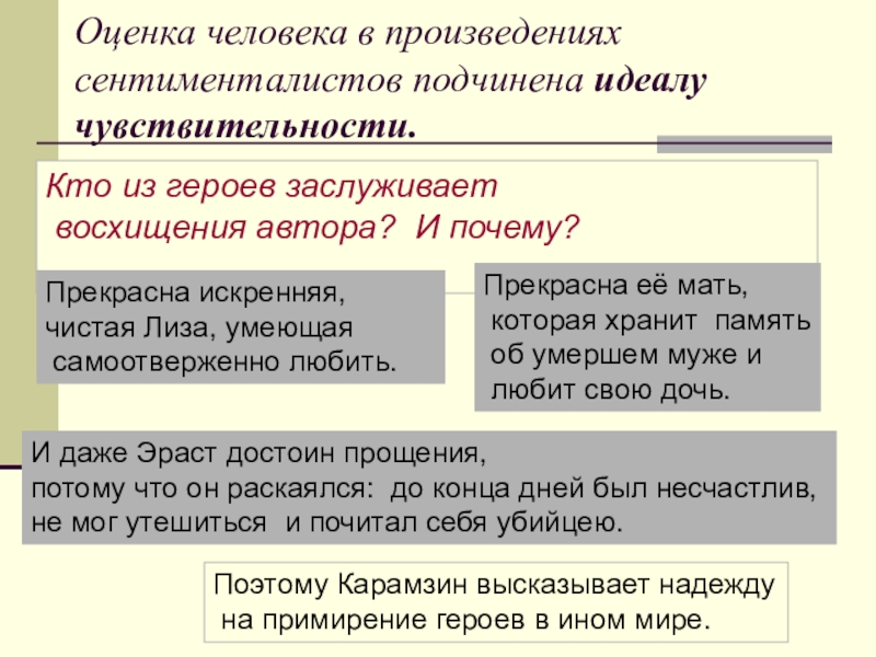 Оценка человека в произведениях сентименталистов подчинена идеалу чувствительности.Кто из героев заслуживает восхищения автора? И почему?Прекрасна искренняя, чистая