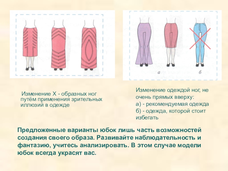Изменение Х - образных ног путём применения зрительных иллюзий в одеждеИзменение одеждой ног, не