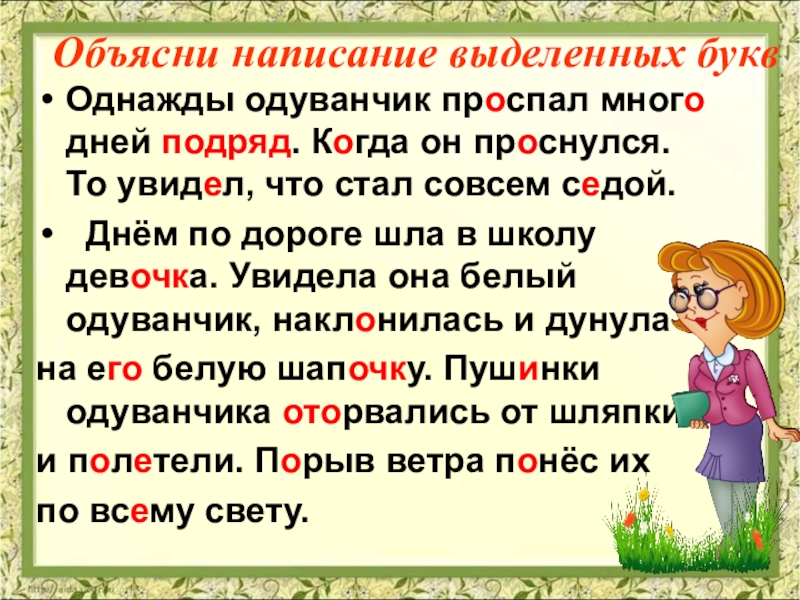 Написание выделенных слов. Письменное изложение одуванчик. Объясни написание выделенных букв. Изложение одуванчик 4. Как объяснить правописание выделенных букв.