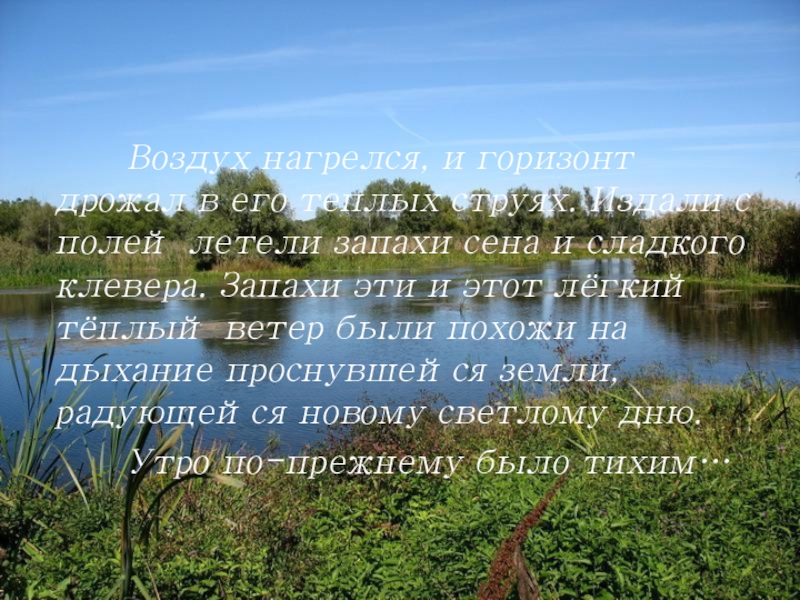 Воздух нагрелся, и горизонт дрожал в его теплых струях. Издали с полей летели запахи сена и сладкого