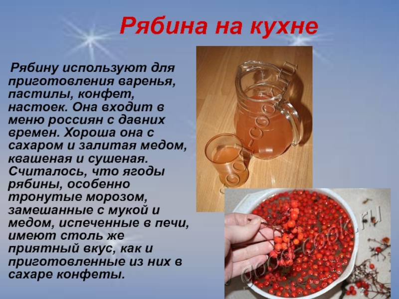 Рябина на кухне   Рябину используют для приготовления варенья, пастилы, конфет, настоек. Она входит в меню
