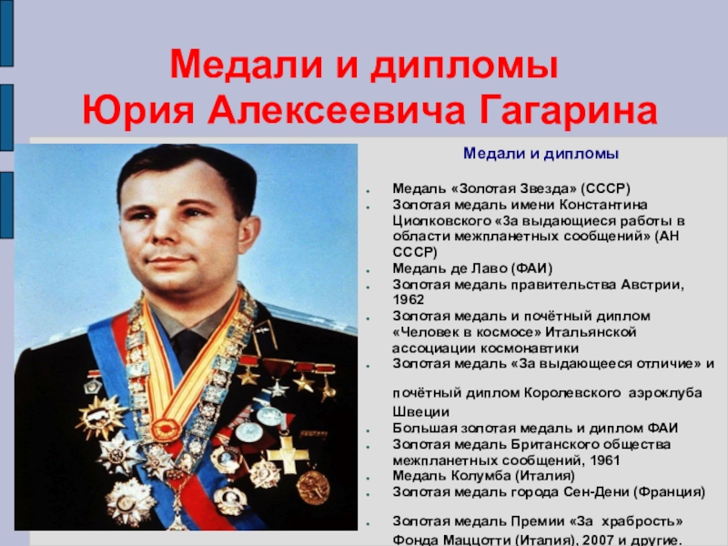 Награды юрия гагарина