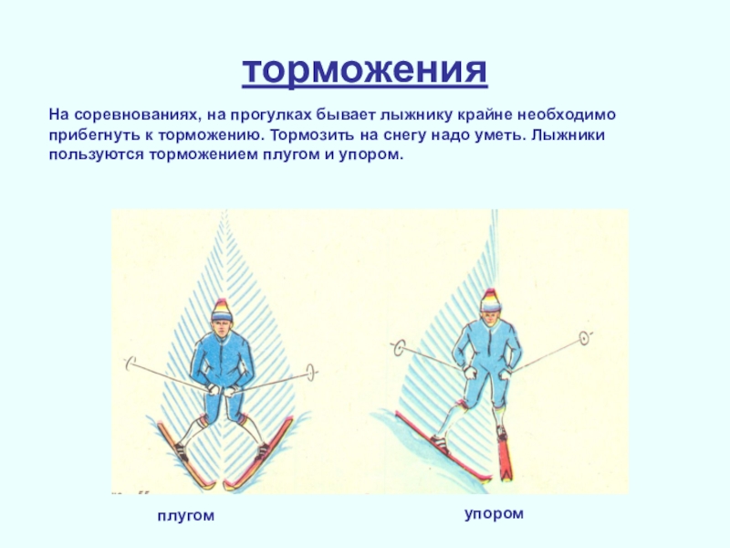 Подъем тормоз. Способы торможения торможение плугом торможение упором. Техника торможения плугом и упором на лыжах. Торможение полуплугом (односторонний упор). Торможение упором на лыжах.