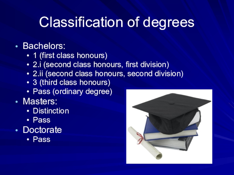 First class degree. Upper second class Honours. Honours degree. Second class.