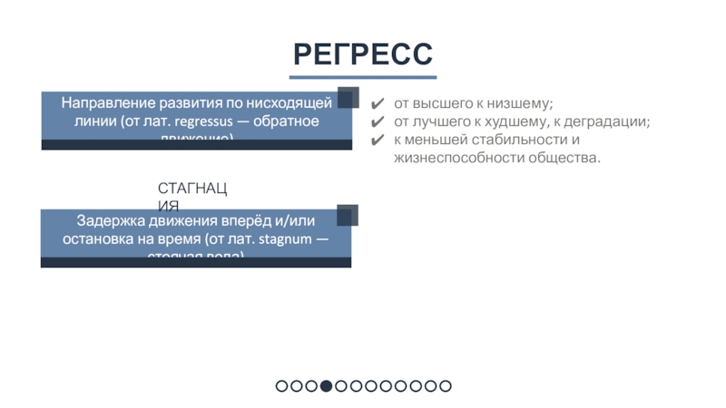 Направление развития по нисходящей линии (от лат. regressus — обратное движение)регрессот высшего к низшему;от лучшего к худшему,