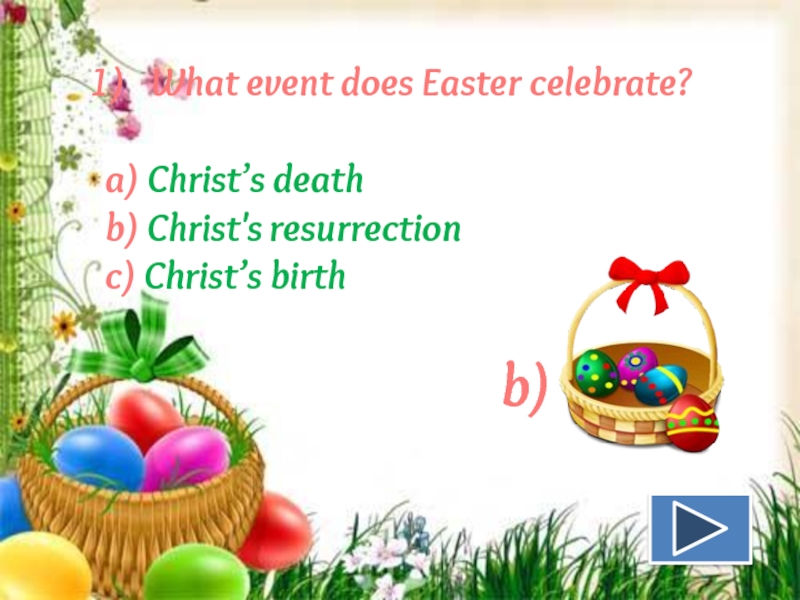 What event does Easter celebrate?a) Christ’s deathb) Christ's resurrectionc) Christ’s birth
