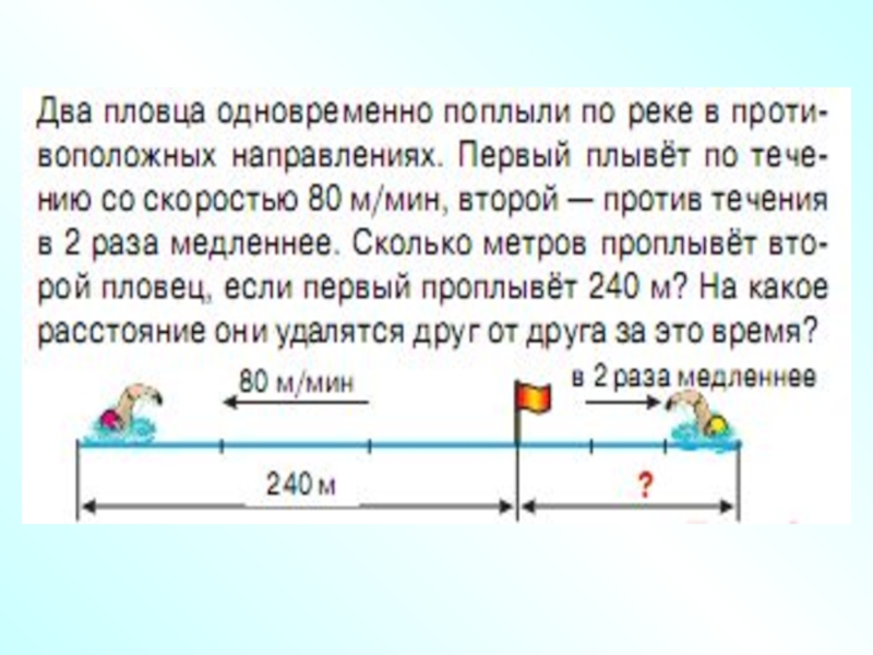 5 метров в минуту. Два пловца одновременно. Два пловца одновременно поплыли. 2 Пловца поплыли одновременно по реке. 2 Пловца поплыли одновременно навстречу друг другу.