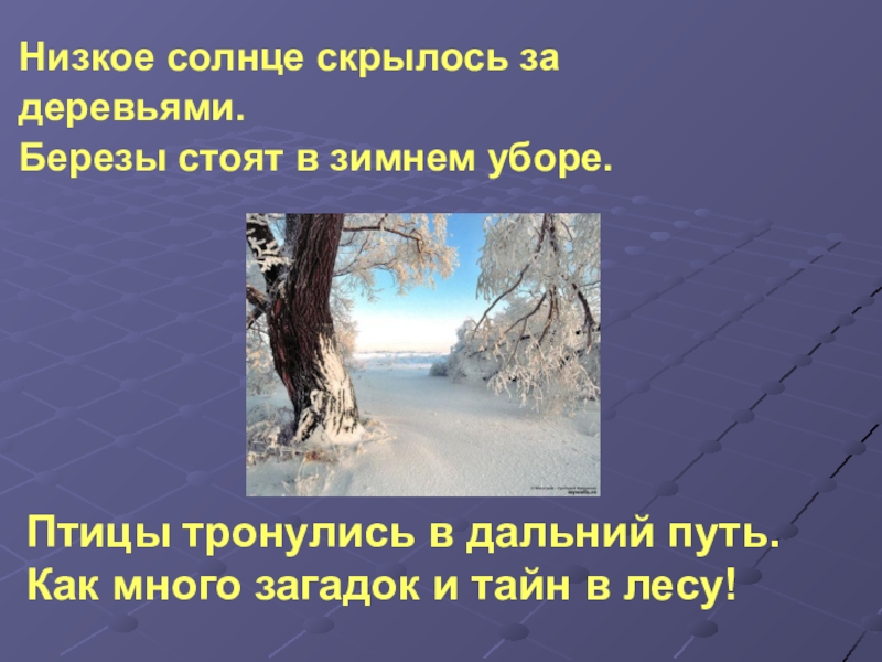 Низкое солнце. Низкое солнце скрылось за деревьями. Составь предложение солнце за низкое деревьями скрылось. Птицы тронулись в Дальний путь. Составить предложение птицы,путь,в , тронулись.