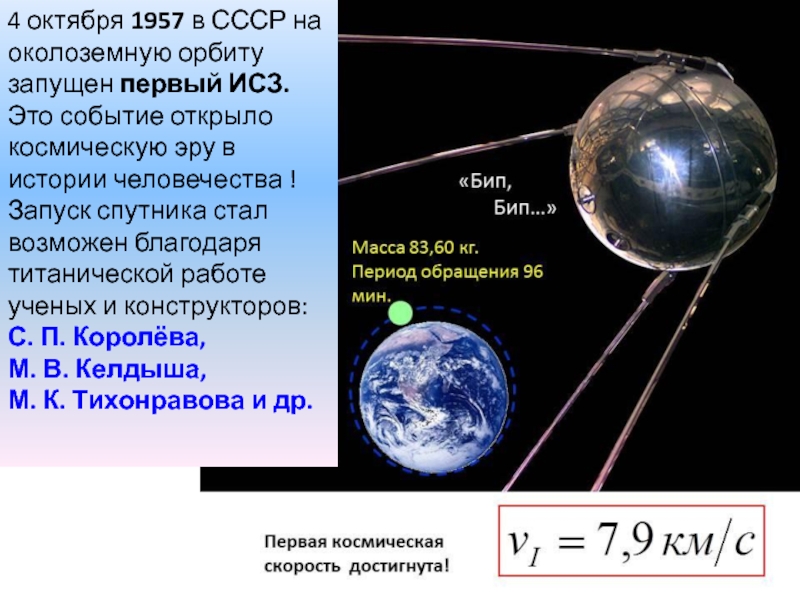 Первая космическая скорость и первый спутник земли проект