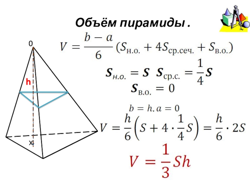 Пирамида треугольная площадь объем. Формула объема пирамиды 1/6. Формулы объема пирамиды и конуса. Объем правильной пирамиды. Отношение объемов пирамид.