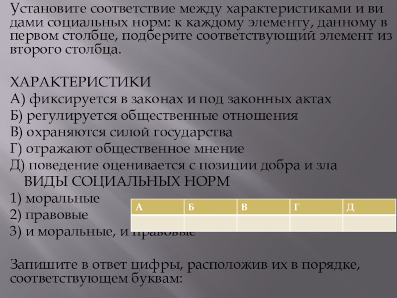 установите соответствие между. соответствие между характеристиками и видами социальных норм. мораль в системе соц норм план. соответствие между характеристиками и видами социальных норм. соответствующую позицию из второго столбца.