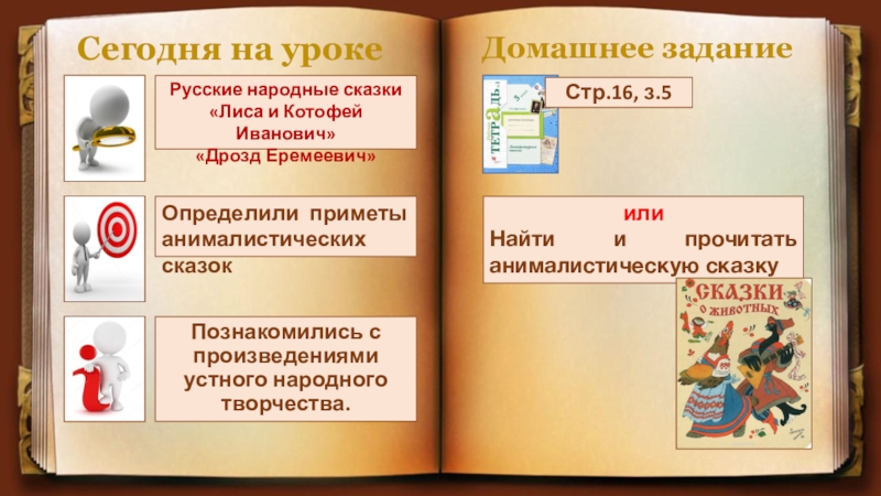 Сегодня на урокеПознакомились с произведениями устного народного творчества.Русские народные сказки «Лиса и Котофей Иванович»«Дрозд Еремеевич»Определили приметы анималистических