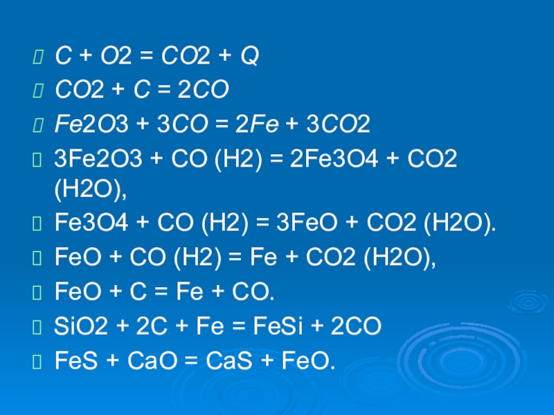 CO2 + Q CO2 + C = 2CO Fe2O3 + 3CO = 2Fe + 3CO2...