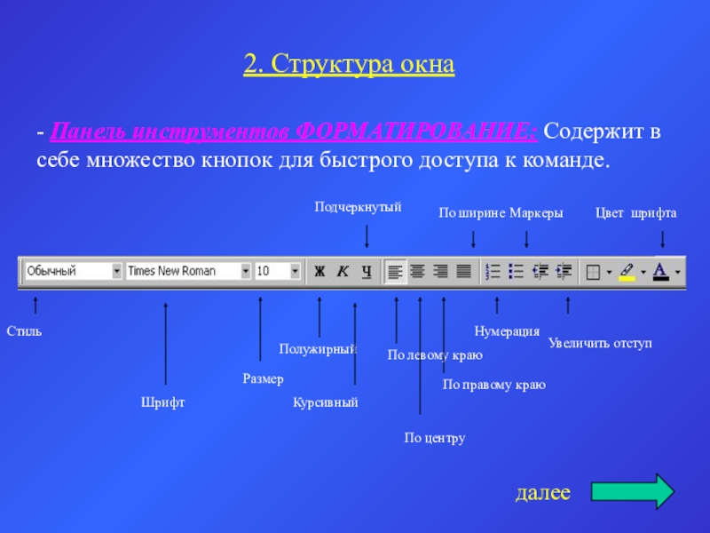 2. Структура окна- Панель инструментов ФОРМАТИРОВАНИЕ: Содержит в себе множество кнопок для быстрого доступа к команде.далееСтиль Шрифт