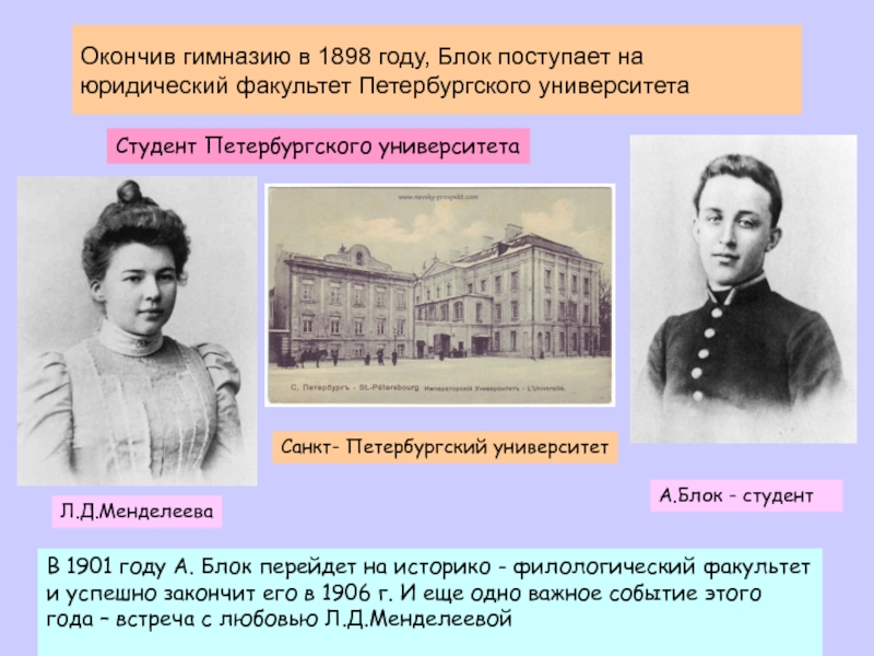 Окончив гимназию в 1898 году, Блок поступает на юридический факультет Петербургского университетаСанкт- Петербургский университетА.Блок - студентСтудент Петербургского