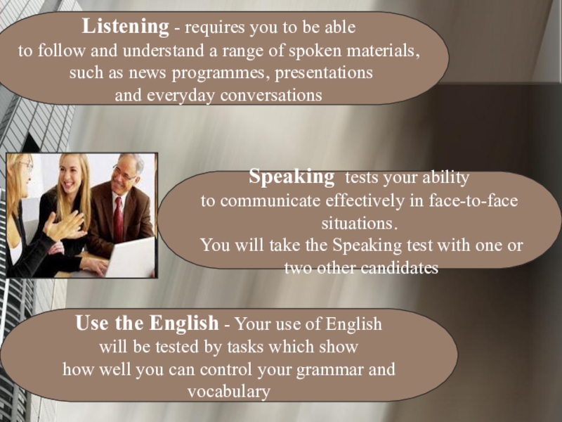 Listening - requires you to be able to follow and understand a range of spoken materials, such