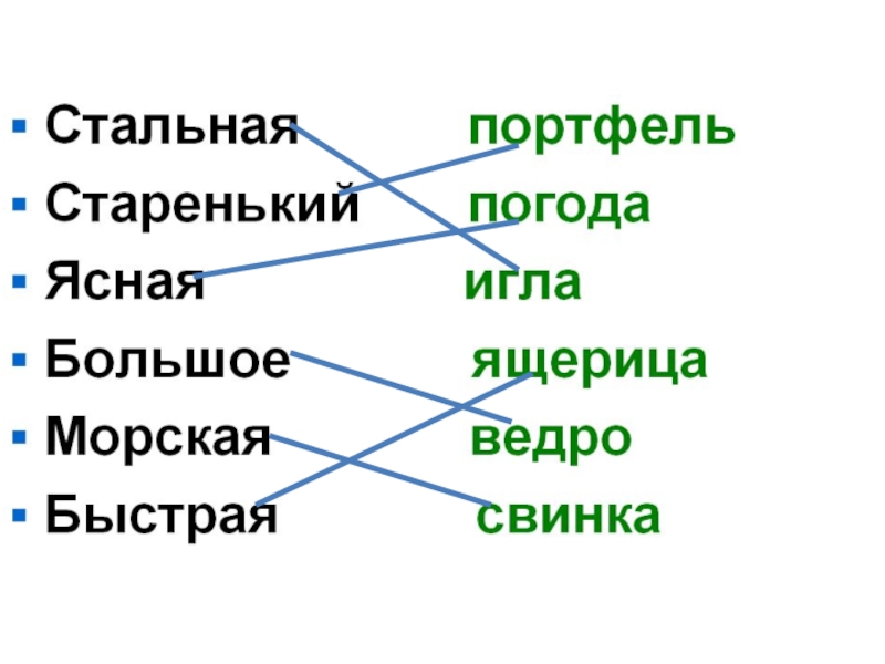 Какой какая какие презентация 2 класс. Составить словосочетание стальная портфель старенький погода.