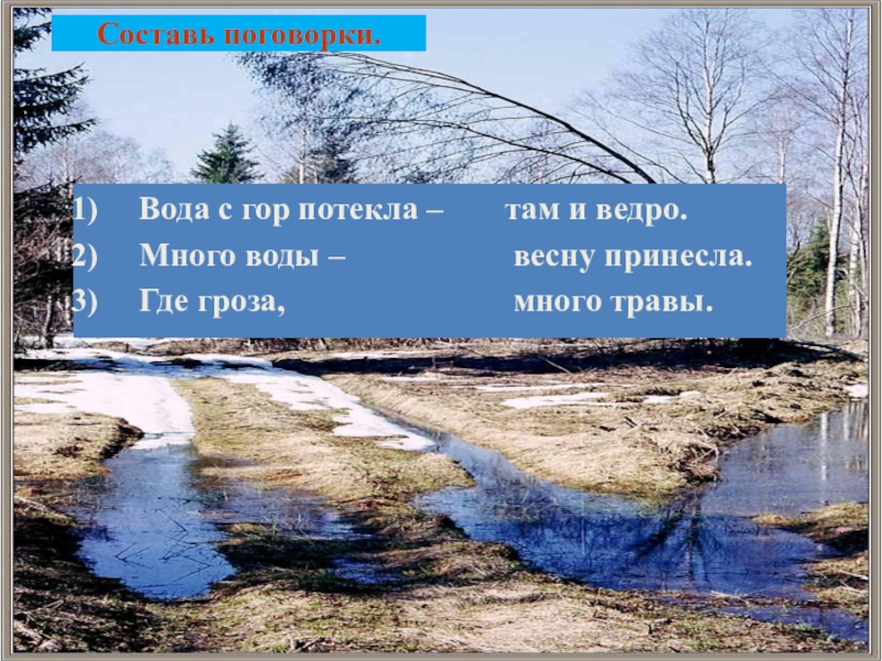 Предложение с водой. Вода с гор потекла весну принесла. С гор потекла весну принесла пословица. Поговорка вода с гор потекла весну принесла. Много воды много травы пословица.