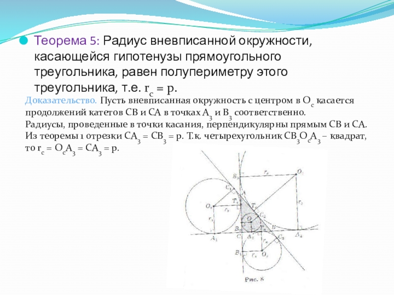 Теорема 5: Радиус вневписанной окружности, касающейся гипотенузы прямоугольного треугольника, равен полупериметру этого треугольника, т.е. rc = p.Доказательство.