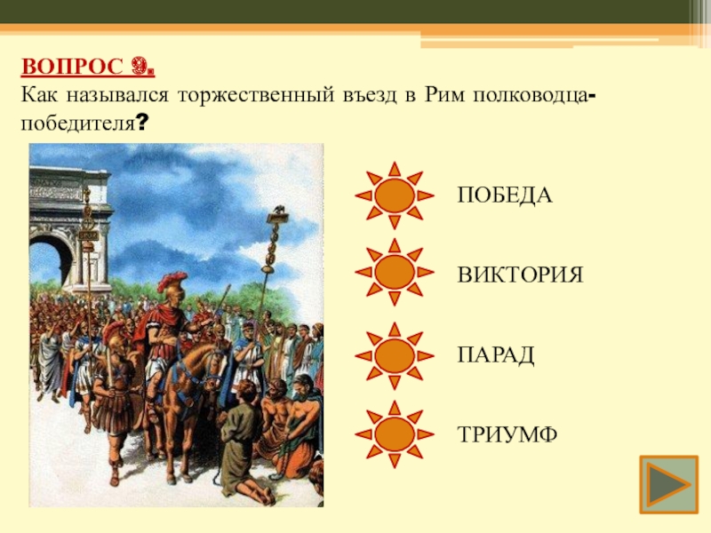 Империя вопросы. Триумф – торжественный въезд в Рим полководца- победителя. Викторина по древнему Риму. Как назывался торжественный въезд в Рим полководца-победителя. Торжественный въезд в Рим.