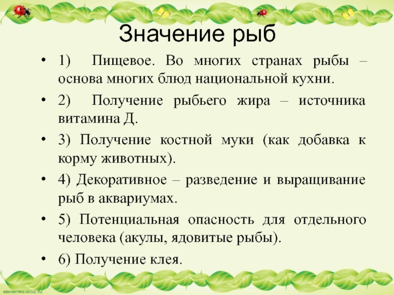 Значение рыб1) Пищевое. Во многих странах рыбы – основа многих блюд национальной кухни.2) Получение рыбьего жира –