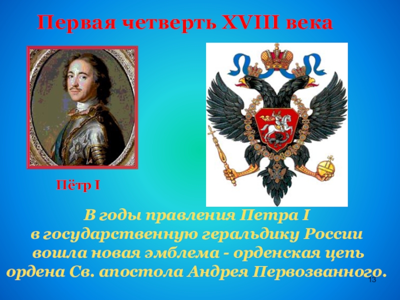 Первая четверть XVIII века  Пётр IВ годы правления Петра I в государственную геральдику России вошла новая