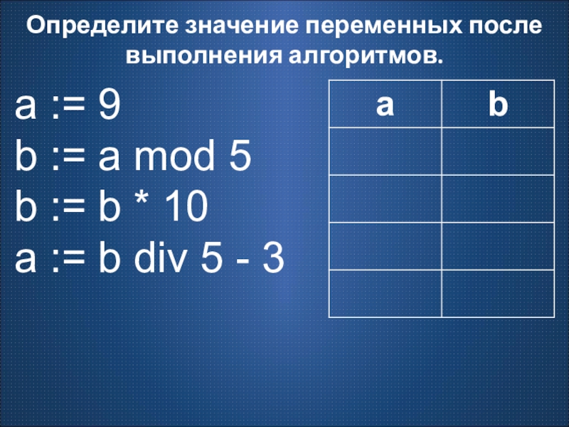 A b 5 9a. Определите значение переменных после выполнения алгоритмов. Алгоритм a 9 b a Mod 5. Div Mod Информатика. Алгоритм a 9 b a Mod 5 b b 10.