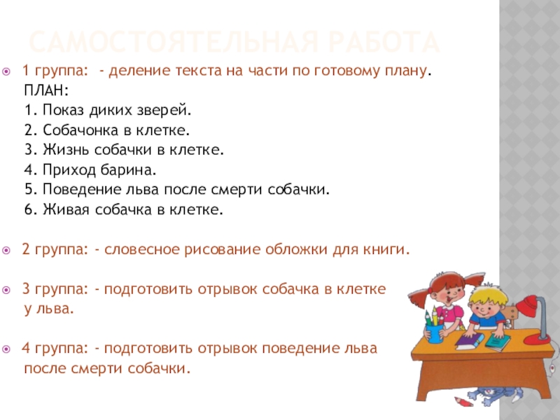 Самостоятельная работа 1 группа: - деление текста на части по готовому плану. ПЛАН: 1. Показ