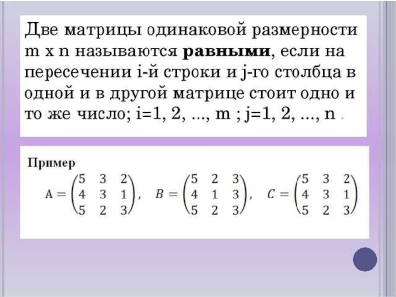 Даны два одинаковых. Какие матрицы называют равными. Равные матрицы. Матрица два. Равные матрицы пример.