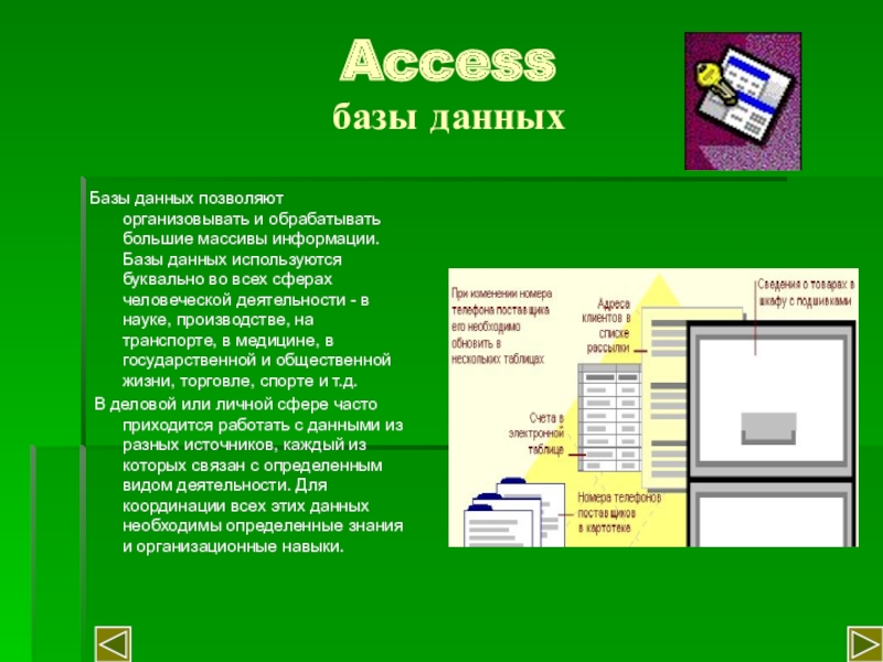 Access базы данныхБазы данных позволяют организовывать и обрабатывать большие массивы информации. Базы данных используются буквально во всех