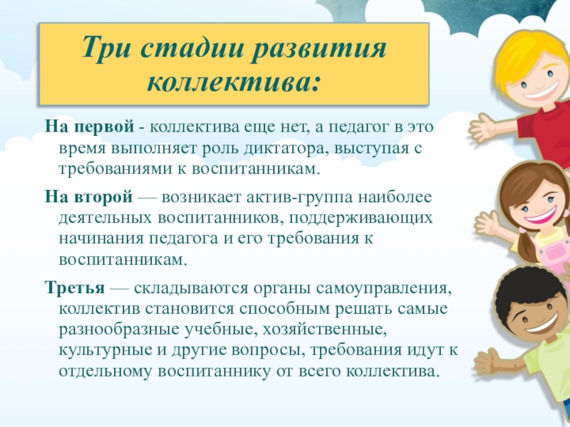 Развитие детского коллектива. Роль педагога в развитии коллектива. Условия формирования коллектива. Развитие коллектива. Основные условия развития коллектива.