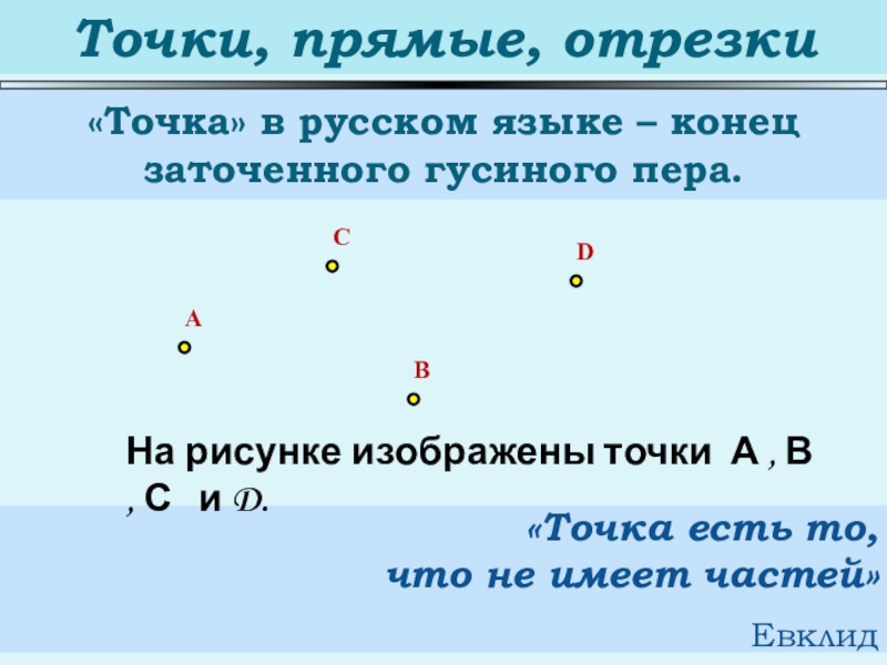 Класс точки. Точки прямые отрезки. Точка и прямая. Точка есть то, что не имеет частей. Внутренняя точка отрезка.