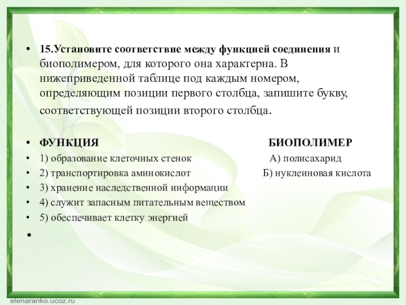 15.Установите соответствие между функцией соединения и биополимером, для которого она характерна. В нижеприведенной таблице под каждым номером,