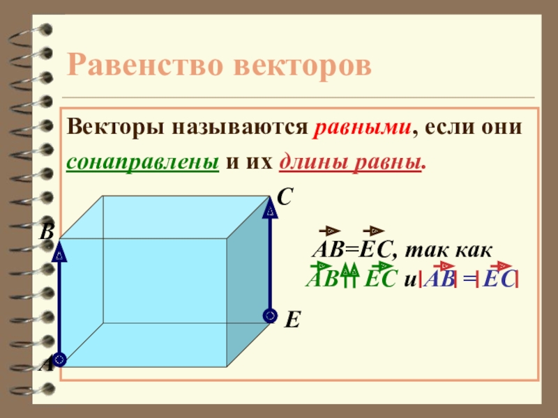 2 вектора равны если. Равенство векторов. Равенство векторов это в геометрии. Векторы называются равными если они сонаправлены и их длины равны. Геометрия тема равенство векторов.