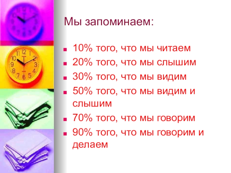 Услышал какое время. Мы запоминаем 10 процентов от того что мы читаем. Как мы запоминаем информацию. Человек запоминает 10 того что слышит. Мы то что мы читаем.