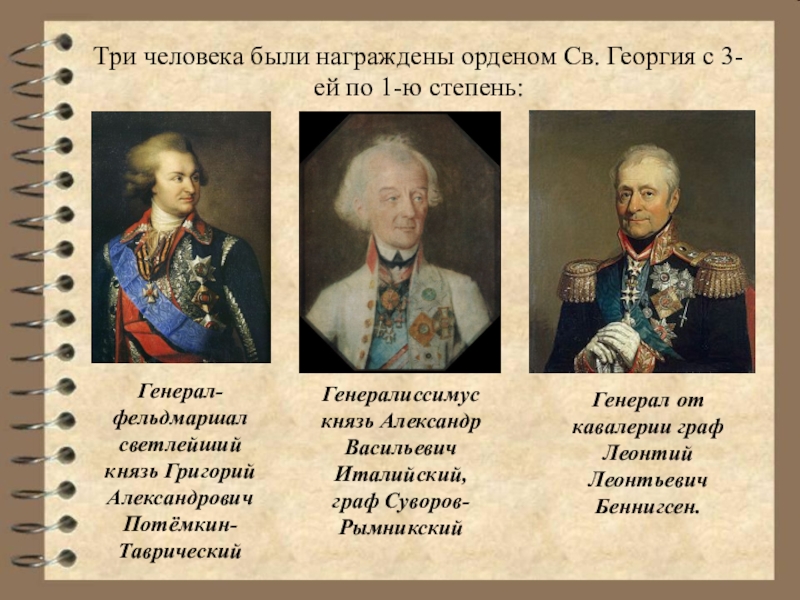 Чем человек был награжден. Суворов орден Георгия. За какие заслуги Потемкин был награжден орденом Святого Георгия. Линкор Генералиссимус Граф Суворов-Рымникский. Беннигсен и Суворов.