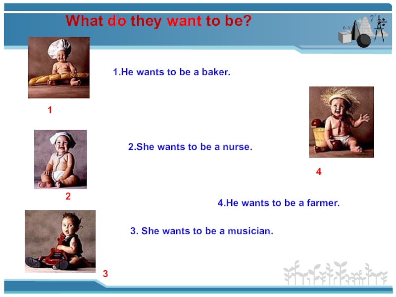 What do they want to be?43211.He wants to be a baker.2.She wants to be a nurse.4.He wants