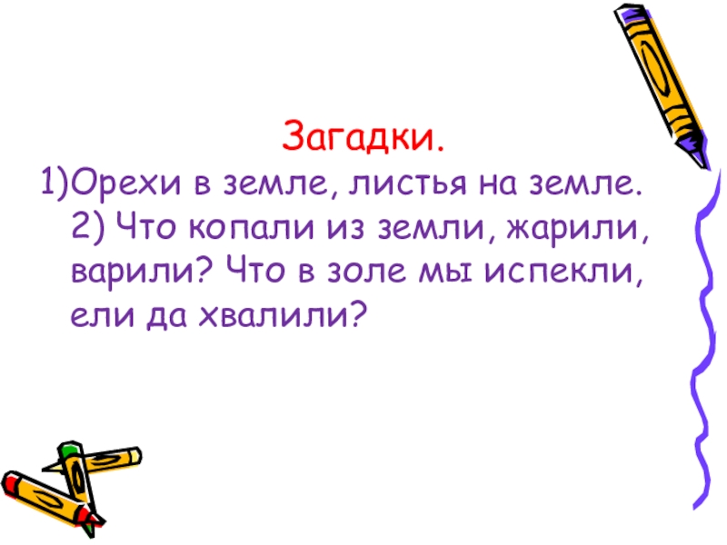 Загадки. Орехи в земле, листья на земле. 2) Что копали из земли, жарили, варили? Что в золе