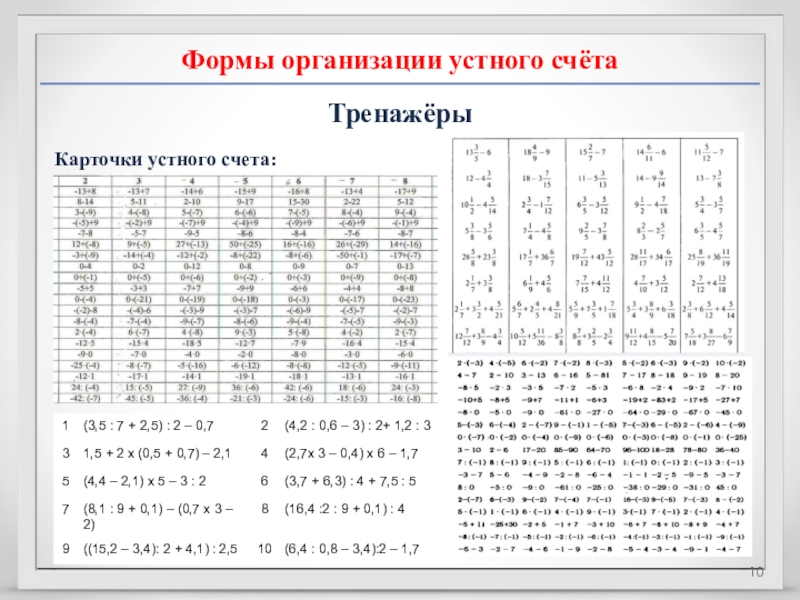 Устный счет карточки тренажеры