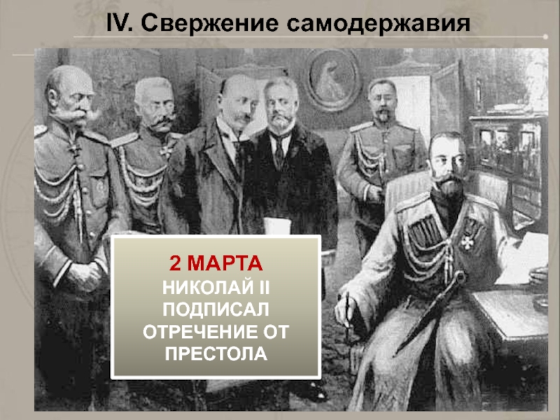 IV. Свержение самодержавия2 МАРТАНИКОЛАЙ II ПОДПИСАЛ ОТРЕЧЕНИЕ ОТ ПРЕСТОЛА